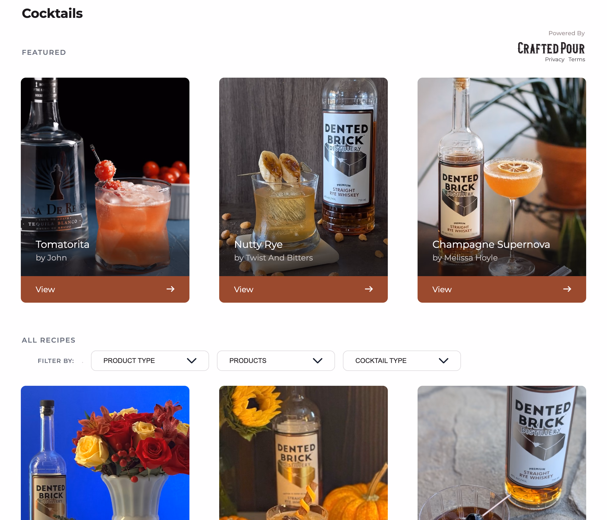 The Crafted Pour cocktail widget embedded on a liquor store’s site: a featured rail of cocktail recipes, brand and cocktail-type filters, and a grid of shoppable recipe cards built from the store’s stocked brands.