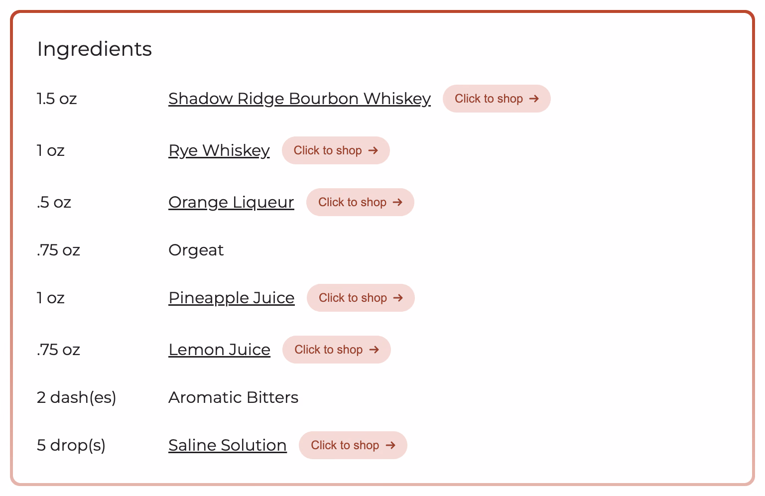 A cocktail recipe’s ingredient list in the Crafted Pour widget, each spirit and modifier showing a “Click to shop” button that links to the matching product.
