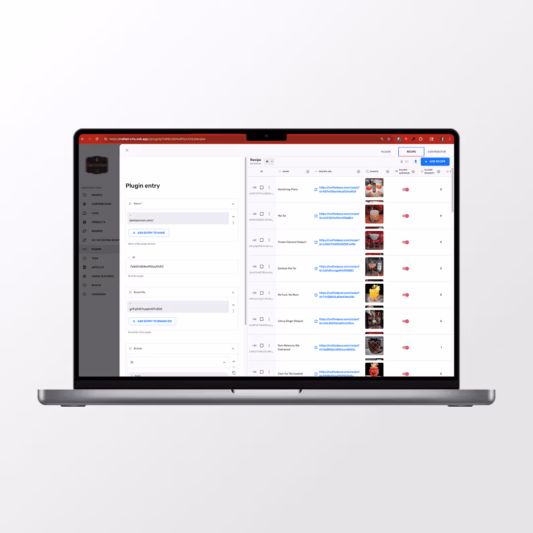 Crafted Pour CMS admin dashboard showing recipe approval workflow