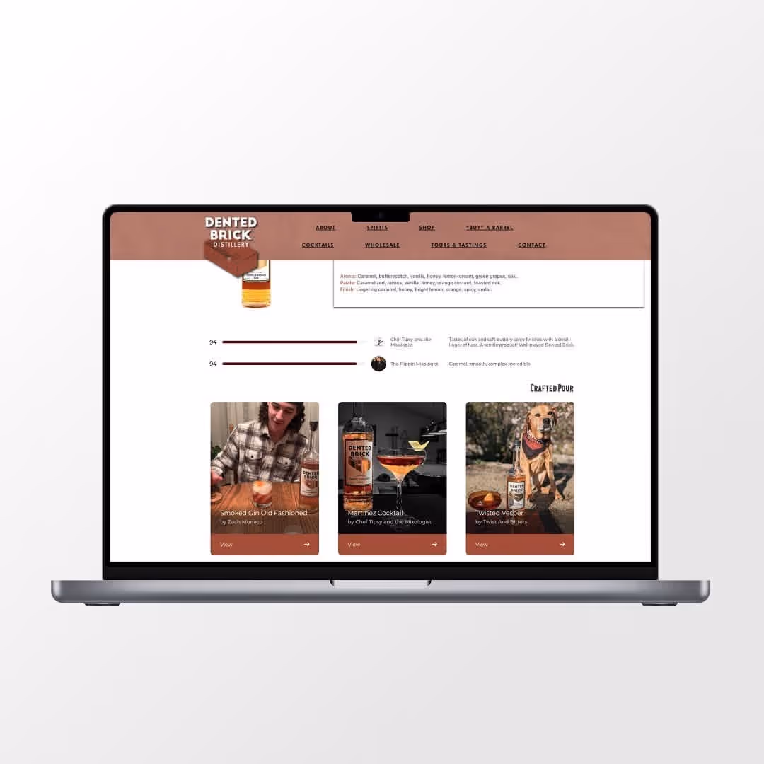 Dented Brick Distillery product page with Crafted Pour recipe widget embedded
